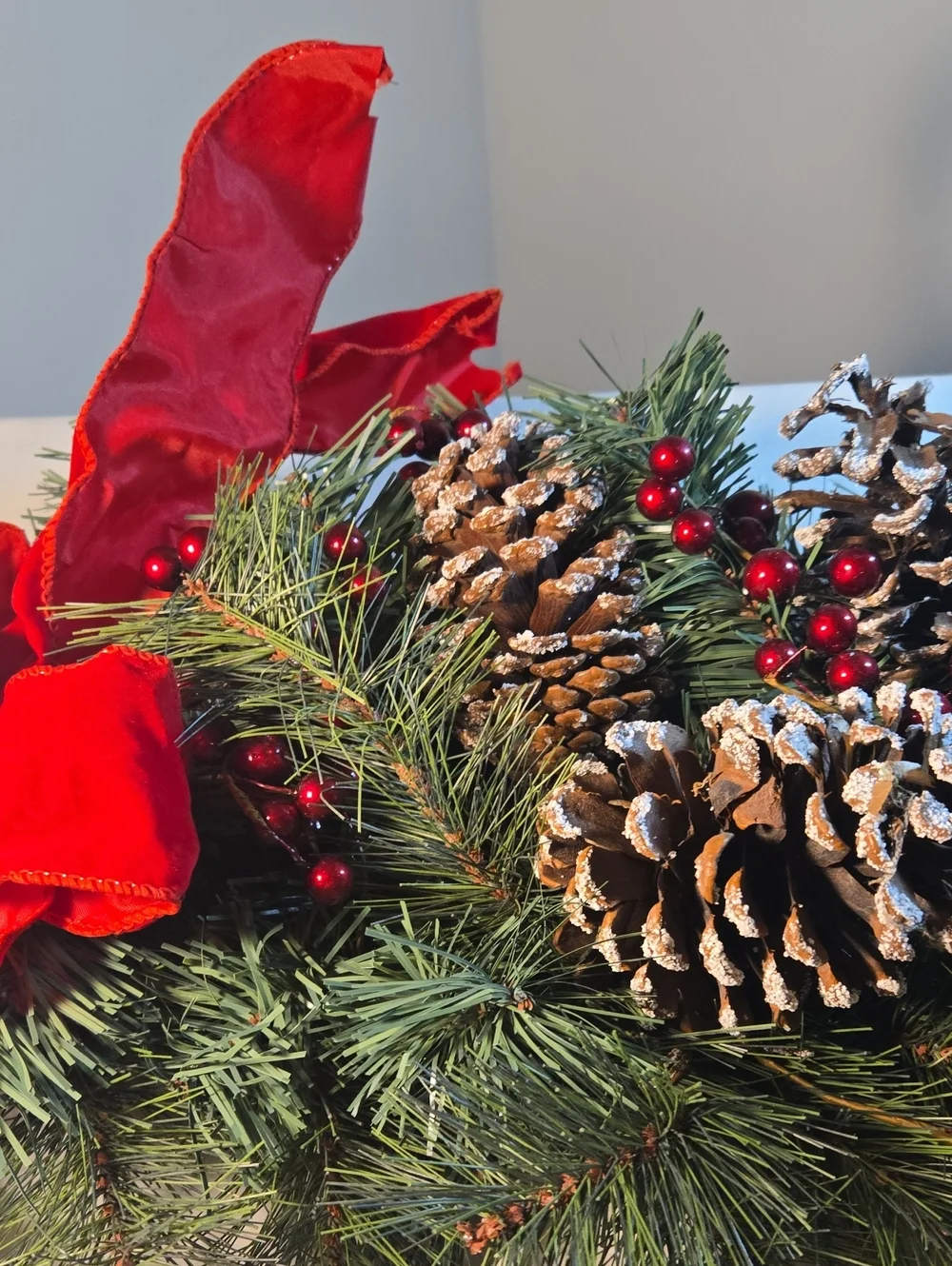 Holiday Pine and Pinecone Garland with Red Berries and Bow - Picture 2 of 3